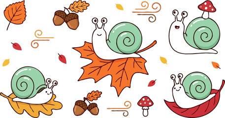 Cute cartoon snail character vector set with autumn leaves acorns mushrooms and blowing wind elements isolated on a white background © Md