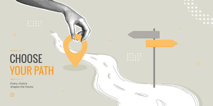 Decision making and determination. A stylish halftone collage. Concept of pathfinding, career planning, and life strategy in the context of business growth.