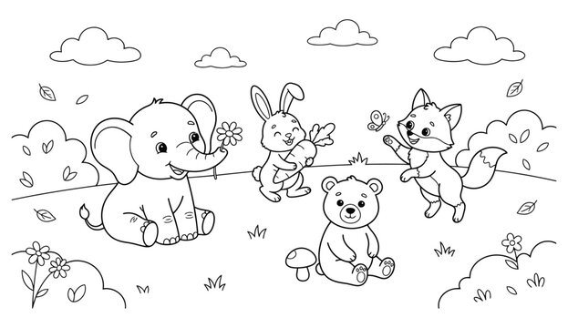 Vintage illustration of playful kittens and puppies in a whimsical garden scene