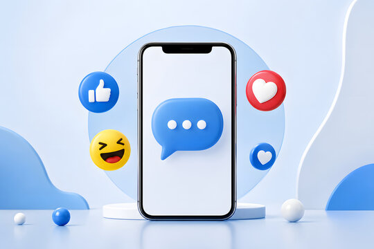 Smartphone displaying message bubble with floating reaction emojis.