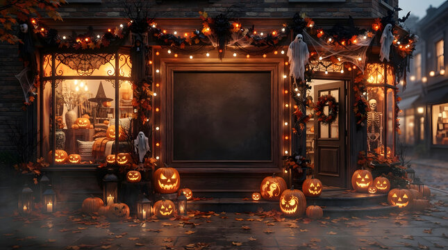 Vintage storefront decorated for halloween with glowing jack o lanterns ghosts skeletons and empty blackboard sign