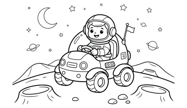 Astronaut riding a robotic rover on the moon in a vintage illustrative style