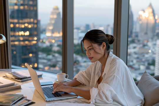 Soft light glows through floor-to-ceiling windows. Woman types calmly at a laptop on a sunlit desk. Her hair is neatly tied back, eyes focused on the screen