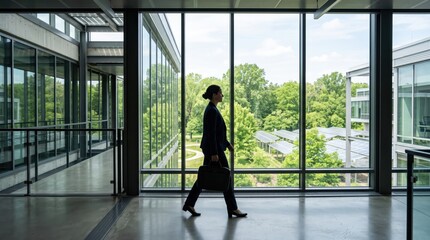 Fototapeta premium Businesswoman walking in modern glass corridor with green nature view and solar panels outside, sustainable architecture, eco-friendly corporate environment