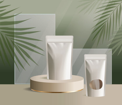 Vector Minimalist cosmetic product packaging mockup featuring two white pouches displayed on round pedestal against soft natural green background with tropical leaf shadows