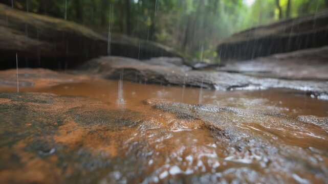 Water flows over red rocks in bueng kan thailand forest