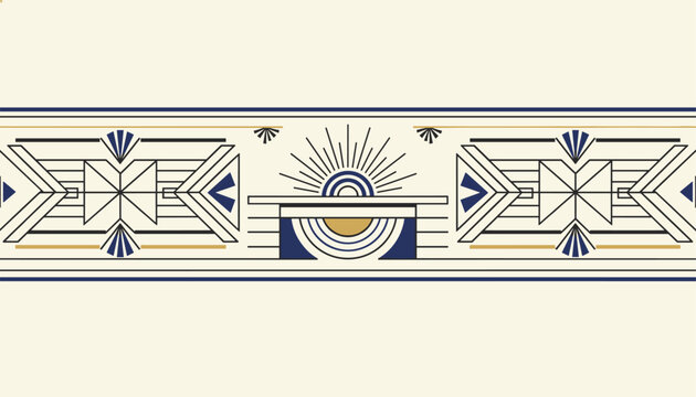 Elegant art deco seamless border pattern with geometric sunburst and fan motifs in navy blue and gold colors.
