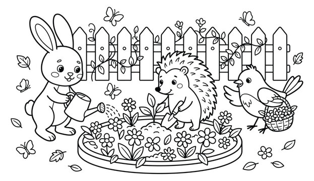 Vintage illustration of bunnies celebrating with a birthday cake and festive decorations