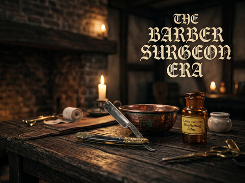 Historic Barber Surgeon Medical Instruments And Straight Razor On Rustic Workbench