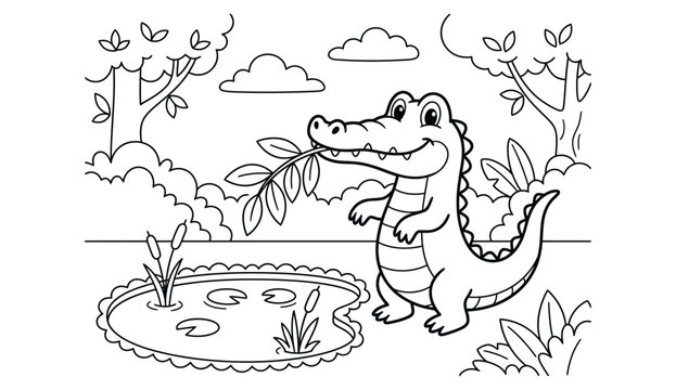 Charming vintage illustration of two crocodiles in a lush tropical environment