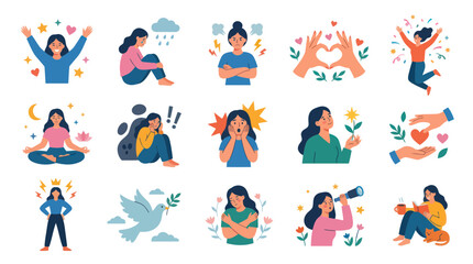 Fototapeta premium Flat Style Vector Illustrations of Women's Emotions and Self-Care Concepts