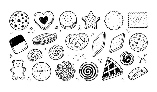 Hand Drawn Cookies and Biscuits Doodle Set with Chocolate Chip Crackers and Pastry Vector