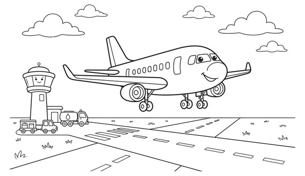 Commercial airplane preparing for takeoff on a runway with control tower