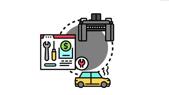 Auto repair shop concept showing a vehicle with engine problems, diagnostic tools, and an invoice for service and maintenance works
