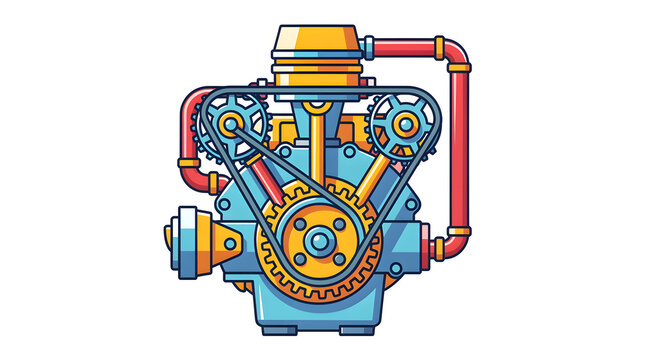 Engine block illustration shows pistons, timing belt, and colorful mechanical parts.