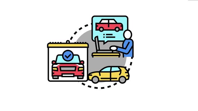 Person using a laptop for vehicle diagnostics, performing an automobile road test process and confirming successful car maintenance in a modern outline