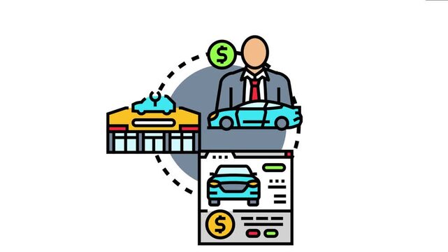 Dealer using a crm platform to manage client interactions, track automotive sales, and optimize service from a dealership with a car icon and dollar sign