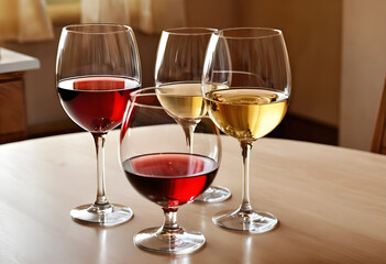Naklejka premium Wine tasting and celebration, variety of red and white wines in elegant glasses on a wooden table, social gathering and fine dining