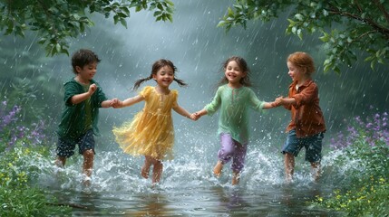 Fototapeta premium Four joyful diverse children holding hands running through shallow water during a light rain with lush green foliage