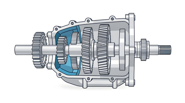 Gearbox illustration showing internal mechanical components and shifting shafts for automotive transmission design.