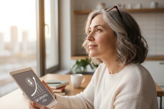 Serene mature woman reading book by window, cozy home interior. Thoughtful lifestyle portrait in warm natural light