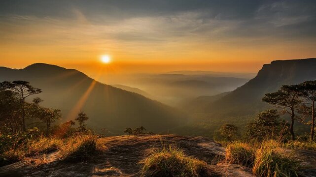 Scenic sunrise over mountain cliffs in bueng kan thailand