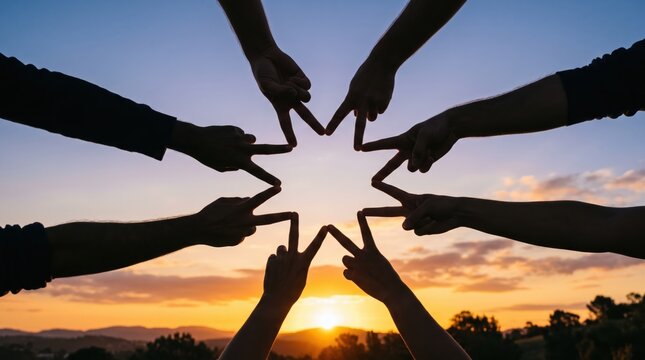 Diverse group of people joining hands together forming a star shape silhouette against beautiful sunset sky, symbolizing unity teamwork collaboration partnership and friendship