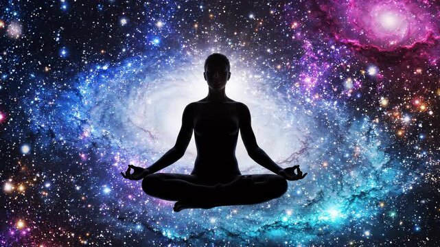 A serene silhouette meditates in lotus position, floating amidst a vibrant cosmic galaxy and stars.