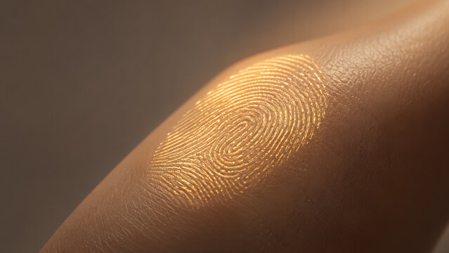 Close-up of a glowing golden fingerprint printed onto human skin.