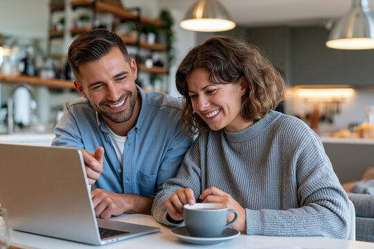 Happy couple shares a joyful moment over laptop. They laugh together, engaged in a pleasant task. Coffee cup sits beside them, adding warmth. Cozy kitchen background features soft lighting