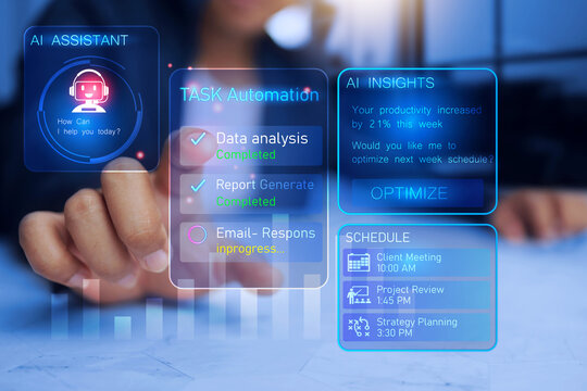 Ai assistant concept with businessman working on virtual interface to manage automation task by artificial intelligence operation