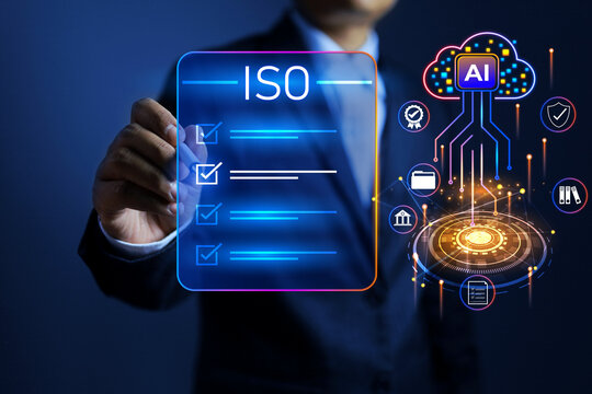 The ISO certification concept, with a businessman tick checkmark on virtual screen, represents applying AI to assist management and provide advice on standards requirements