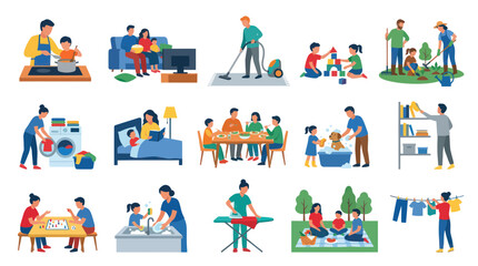 Fototapeta premium Flat Family Life Household Chores Vector Illustration Set: Daily Activities Parenting Scenes