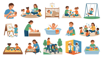 Fototapeta premium Childcare and Early Childhood Education: Daily Life, Nursery Activities, Parents, Kids Flat Vector Illustration Set
