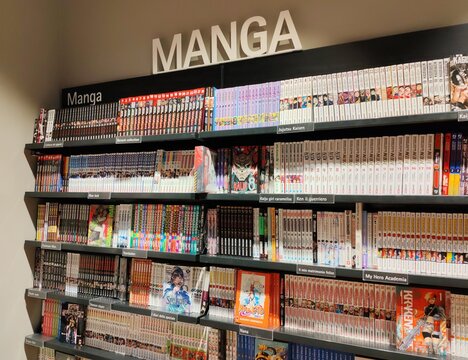 Rome, Italy - August 20, 2026, the shelves of a bookstore are filled with Japanese comics, or manga, a sequential art form characterized by a distinctive style.