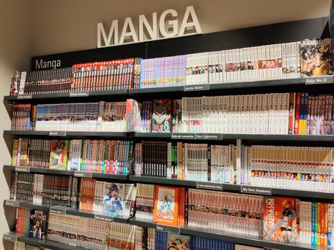 Rome, Italy - August 20, 2026, the shelves of a bookstore are filled with Japanese comics, or manga, a sequential art form characterized by a distinctive style.
