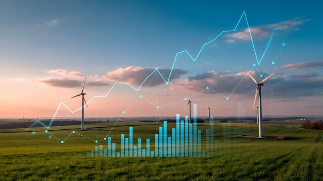 Green energy growth concept with wind turbines on a field under sunset sky and overlaid financial business graphs