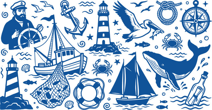 Nautical elements vector set featuring hand drawn maritime icons like lighthouse whale ship sailor anchor and compass for graphic design