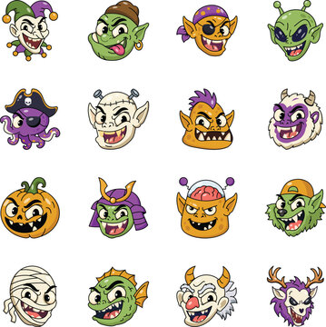 Fantasy monster collection featuring jesters, orcs, pirates, aliens, gargoyles, trolls, pumpkin creatures, samurai, werewolves, mummies, and swamp beasts. 


