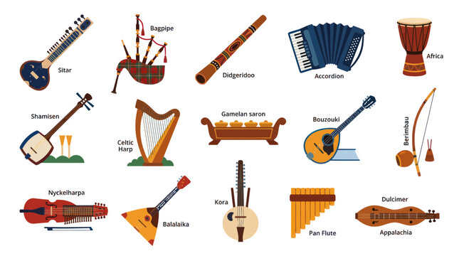 Flat Design Vector Illustration of Various Musical Instruments Collection
