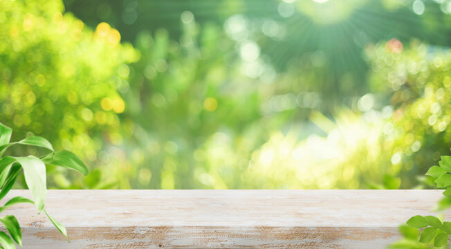 Selective focus.real white wood table top texture on blur leaf tree garden background