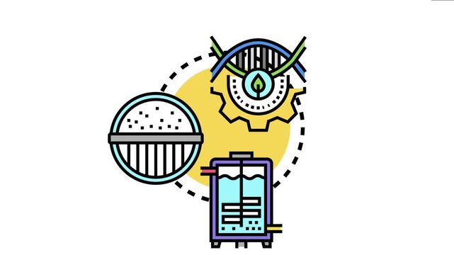 Automated bioprocessing unit icon picturing genetic material, gear, and bioreactor tank, representing biotechnology, engineering, science, and smart production processes