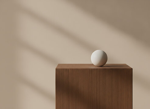 Minimalist Product Display With White Sphere On Wooden Pedestal