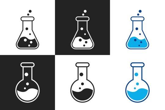 Science laboratory flask icon set, minimal outline chemistry glassware collection vector illustration