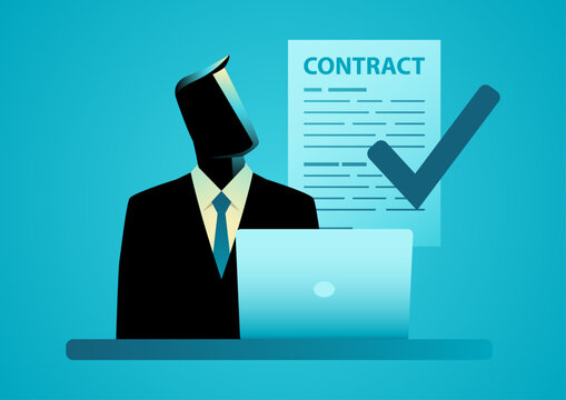 Businessman with contract document and laptop, business agreement and legal document concept