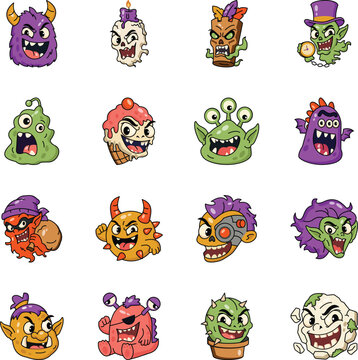 Playful spooky character collection featuring furry monsters, candle ghosts, cursed totems, slime creatures, bats, witches, ogres, hydras, cactus monsters. 
