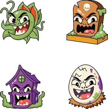 Halloween character collection featuring plant monsters, tombstones, haunted houses, spooky eggs, monster hands, ghost rabbits, zombie bunnies in cartoon style. 
