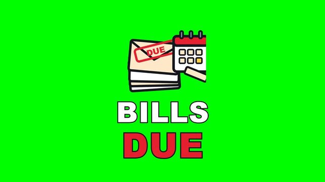 4K green screen BILLS DUE animated text - envelopes shuffling as the calendar tears a page, kinetic typography money and personal finance overlay for social media, chroma key