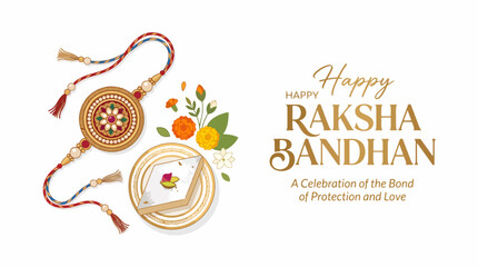 Naklejka premium Raksha Bandhan Indian festival background with traditional rakhi thread sweet and floral decoration