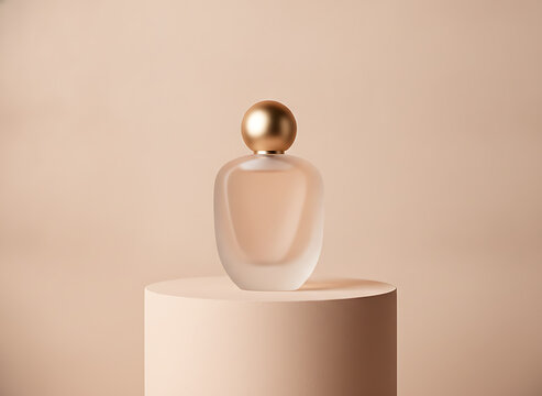 Minimalist Perfume Bottle Sitting On A Beige Pedestal For A Luxury